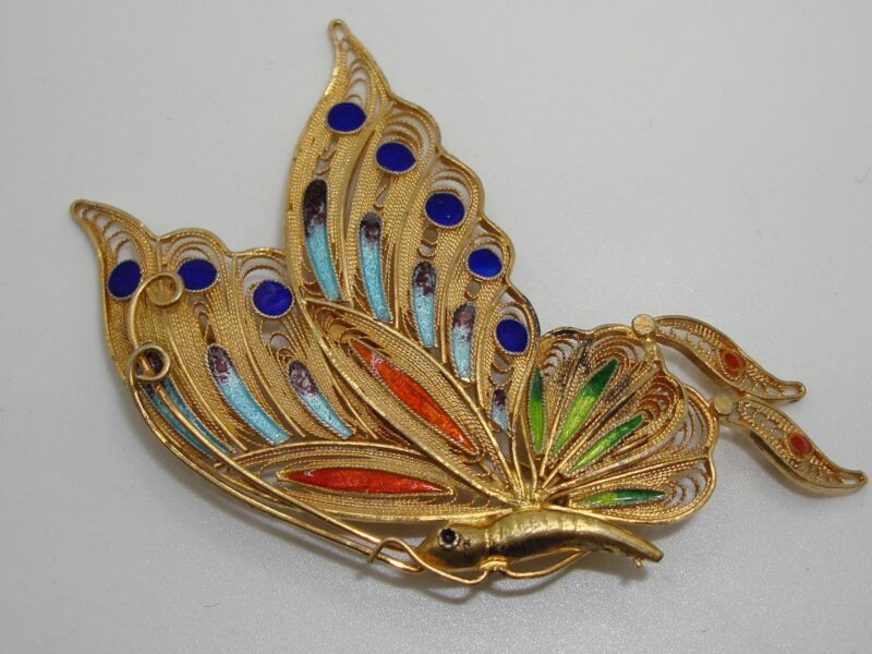 Vintage Sterling Silver & Enamel Butterfly Brooch | Plique-a-Jour Cobalt Blue & Green
