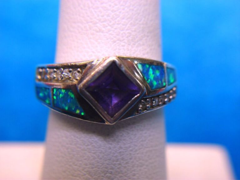 Vintage sterling silver amethyst and opal ring, size 6.5