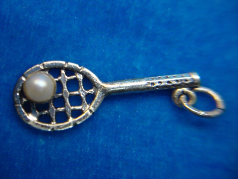 Sterling silver tennis racket charm with pearl