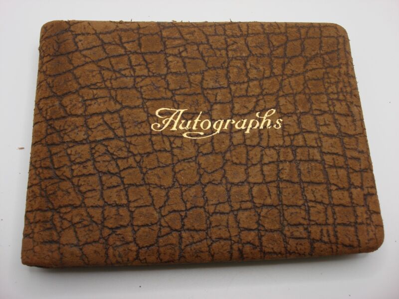 Antique leatherette autograph book from the 1920s with handwritten notes, including a backward message.