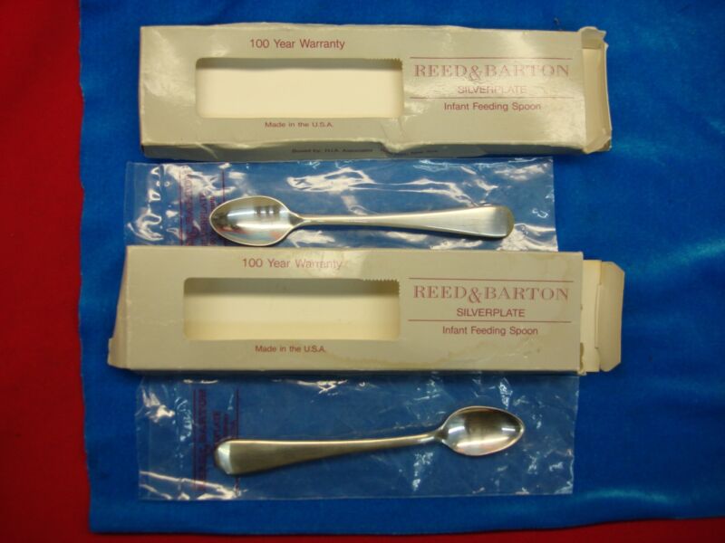 Vintage Reed & Barton silverplate infant feeding spoons in original packaging