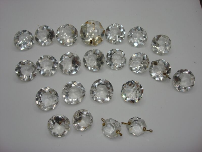 Vintage lot of 23 lead crystal chandelier pieces featuring assorted sizes and shapes.