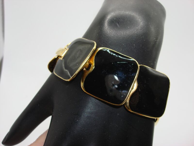 Vintage Gold-Tone Black Enamel Bracelet by Goldette (7 1/4" Excellent Condition)