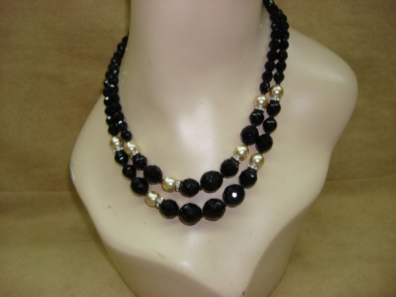 Vintage Czechoslovakia Black & Faux Pearl Necklace - 2 Strand, Rhinestone Accents
