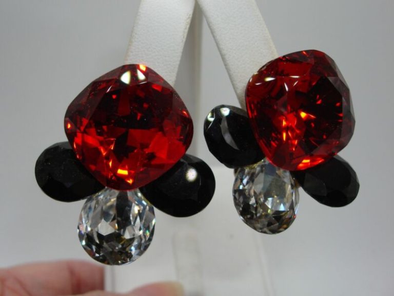 1960s vintage clip-on earrings with red, black and clear foiled rhinestones