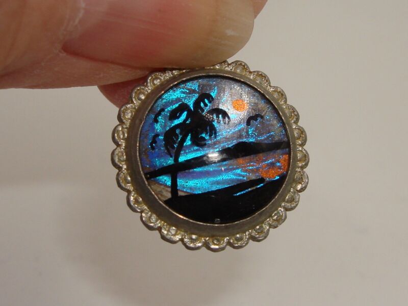 Vintage reversible butterfly wing charm with night scene and flamingo design
