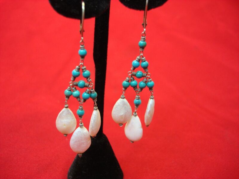 Sterling silver chandelier earrings with turquoise and mother-of-pearl inlays, Navajo handmade