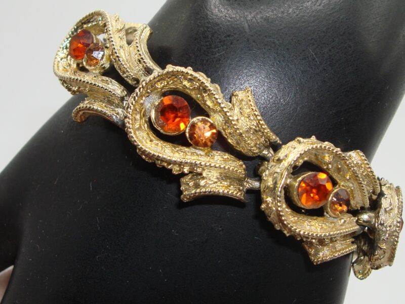 Vintage Coro Mid-Century Gold Tone Rhinestone Bracelet - Orange Foiled Stones, 7 Inch