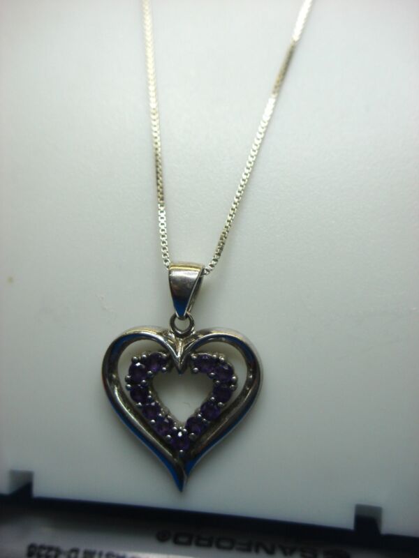 Sterling silver heart pendant necklace with purple stones and an 18-inch chain