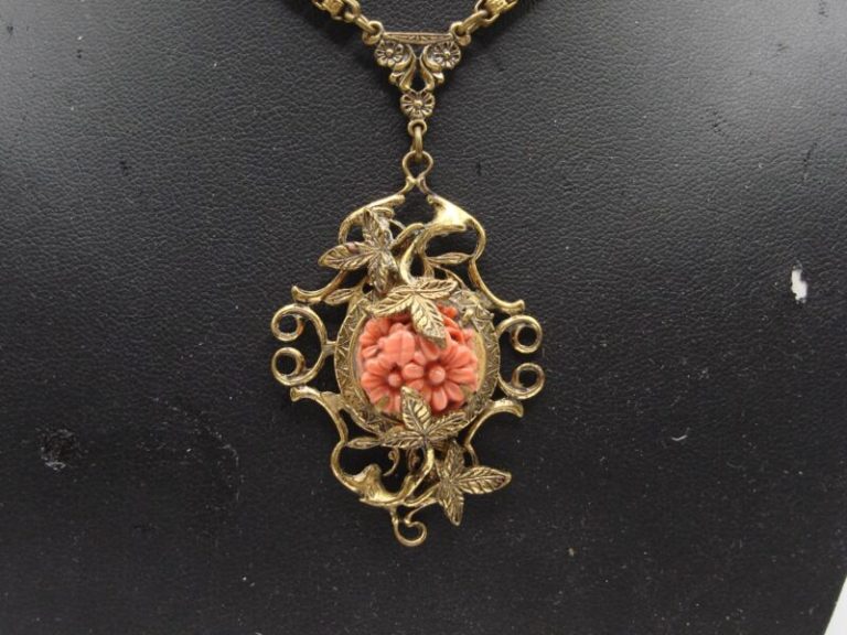 Vintage Art Nouveau Czech brass floral lavalier necklace