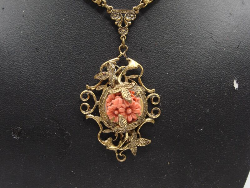 Vintage Art Nouveau Czech brass floral lavalier necklace