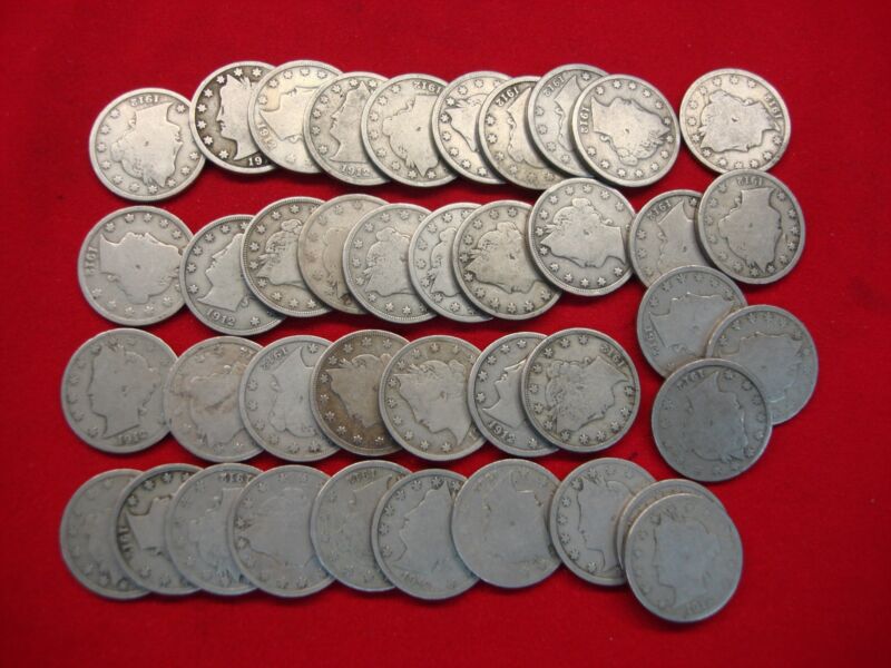 Complete roll of 40 circulated 1912-D Liberty Head 'V' nickels in Good+ to Fine condition