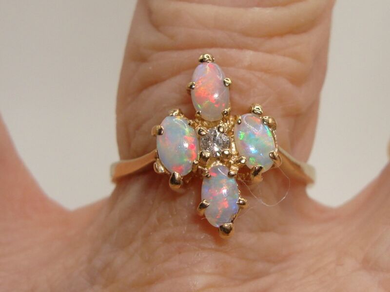 Vintage Elbe 10K gold ring with fiery opals and diamond