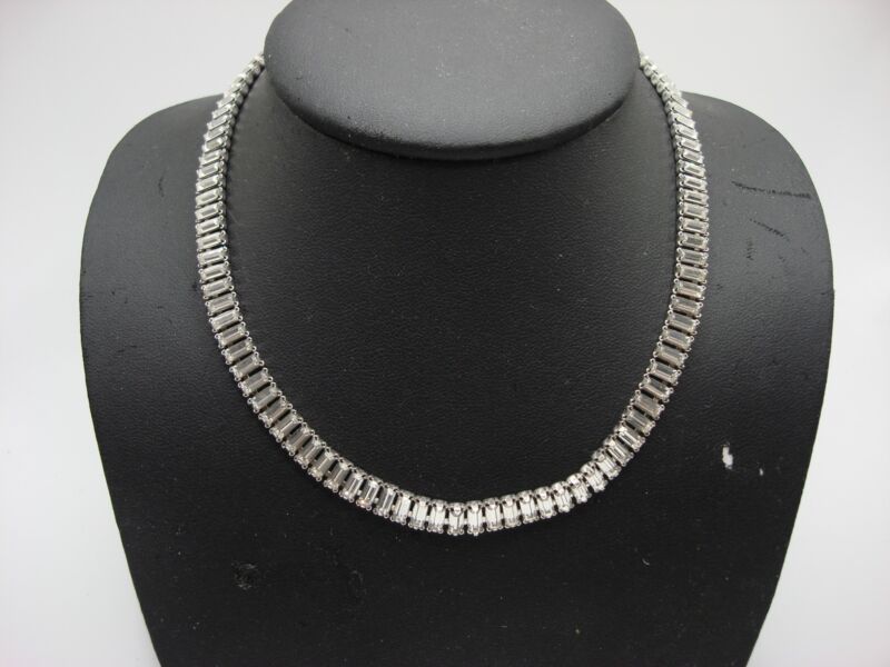 Vintage emerald cut rhinestone choker necklace in silver