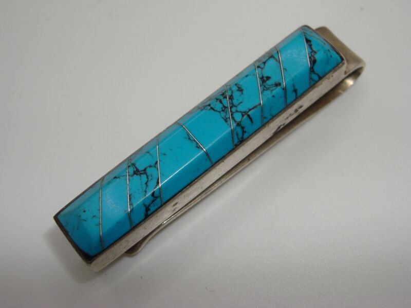 Vintage Taxco sterling silver tie bar with faux turquoise