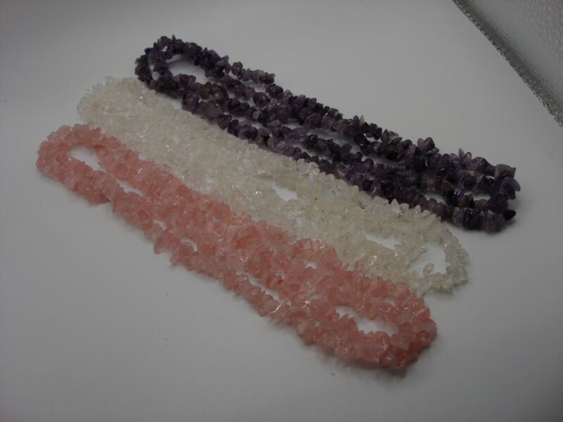 Amethyst, Rose Quartz & Clear Quartz 3-Strand Polished Nugget Necklace (34 Inch)