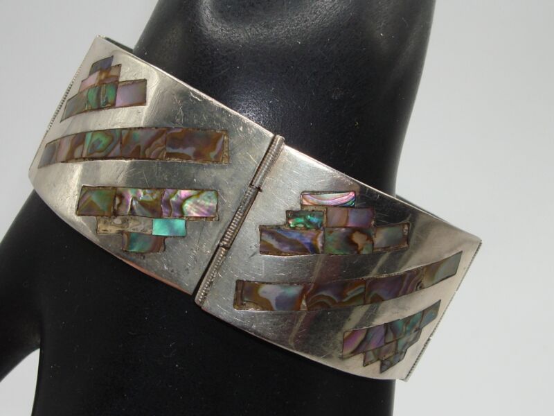 Vintage Taxco sterling silver abalone inlay bracelet signed LMA, 6.5 inches