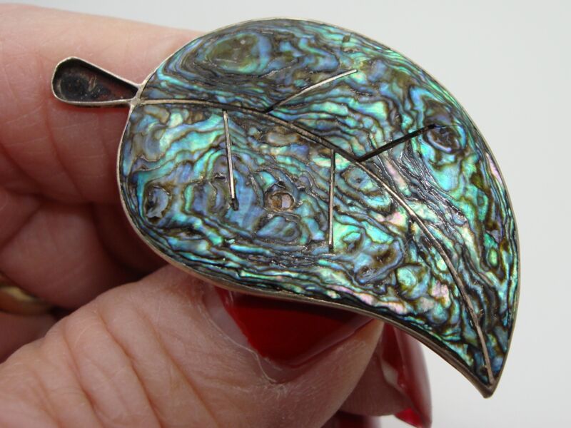 Vintage Taxco sterling silver abalone leaf pin signed CJ - 925