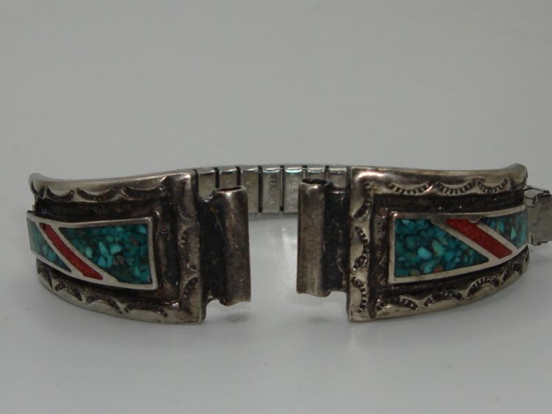 Vintage sterling silver watch tips with coral and turquoise inlay