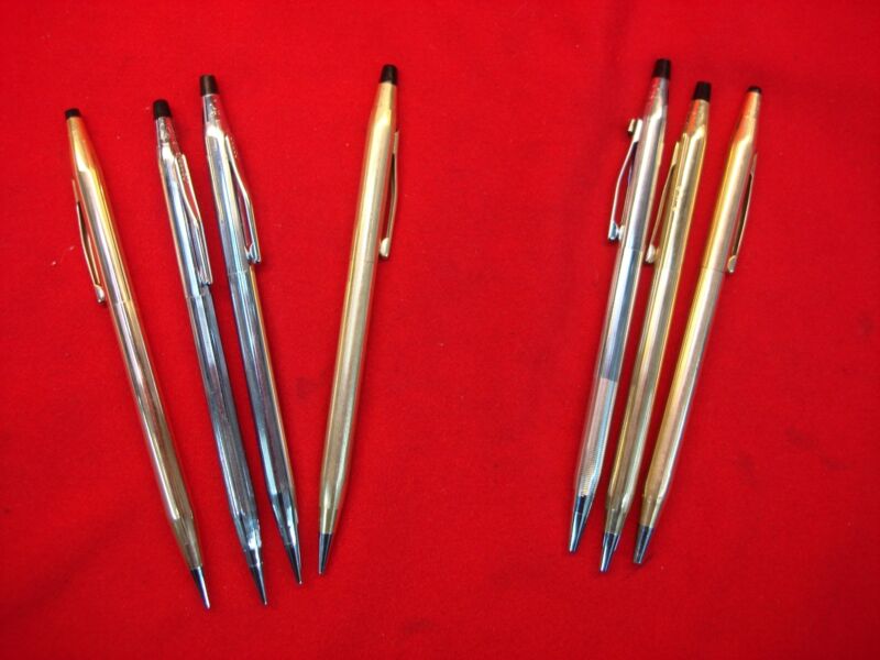 Vintage Cross pen and pencil set of seven, chrome and gold-filled, for parts or repair, with initials.