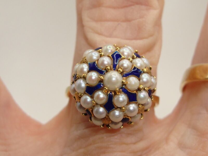 Vintage 1960s 18K Gold Enamel & Seed Pearl Ring, Size 7.5