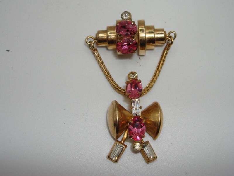 Vintage 1940s Gold Tone Pink Rhinestone Brooch & Pendant