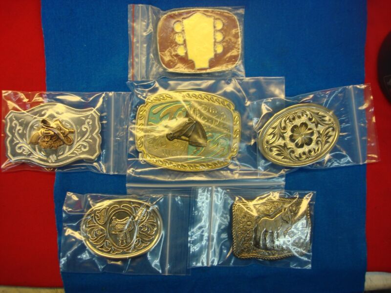 Set of 6 vintage western belt buckles with unique equestrian designs
