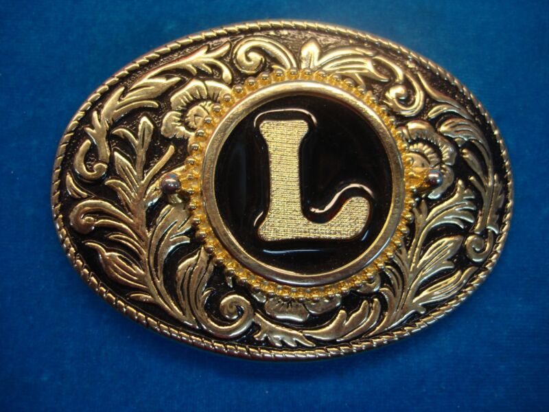 Gold-tone Western buckle with a black enamel 'L'