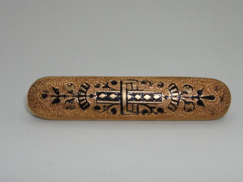 Antique 1860s rose gold filled bar pin with taille d'epargne enamel design