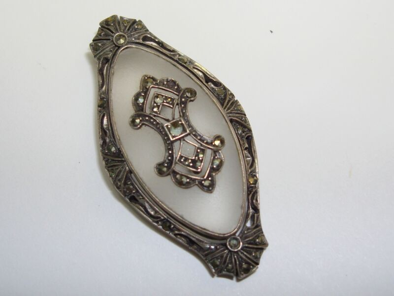 Art Deco sterling silver pendant with camphor glass and marcasites