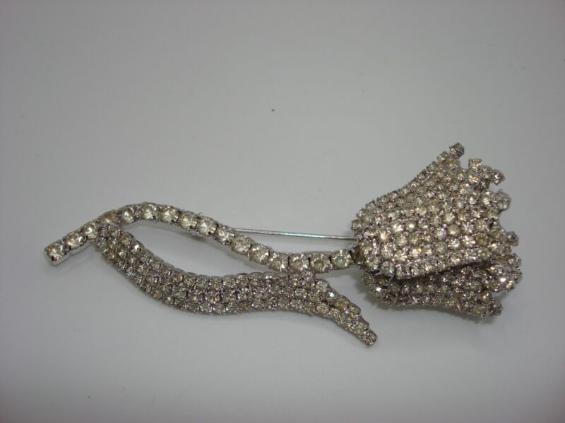 Vintage Signed Pauline Trigere Crystal Rhinestone Floral Brooch