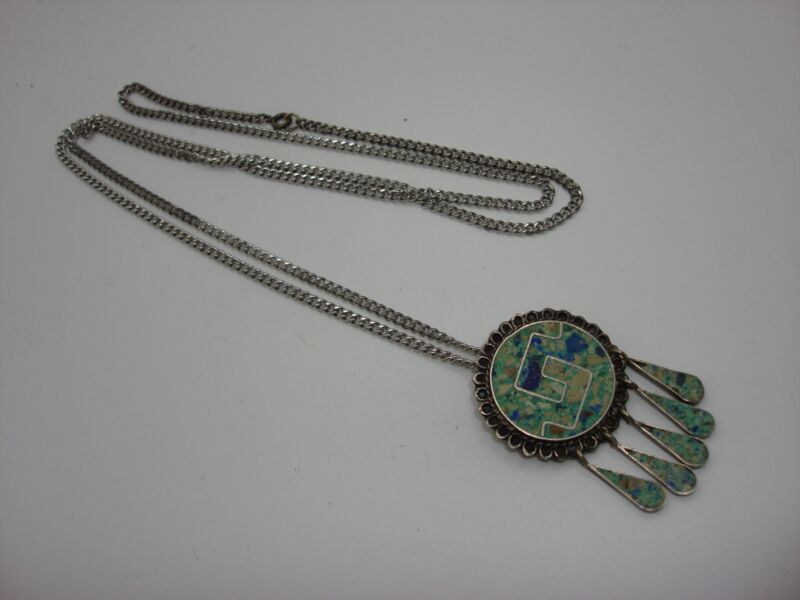 Vintage Mexican Sterling Silver Lapis & Turquoise Inlay Pin/Pendant Necklace #3 Bell JAB