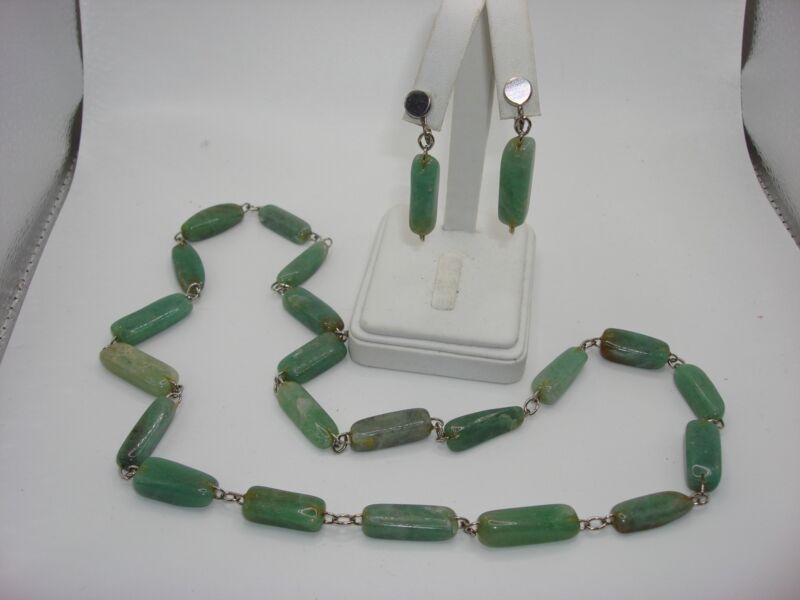 Vintage Jadeite Necklace & Earrings Set, Estate Find, Silver & Polished Jadeite
