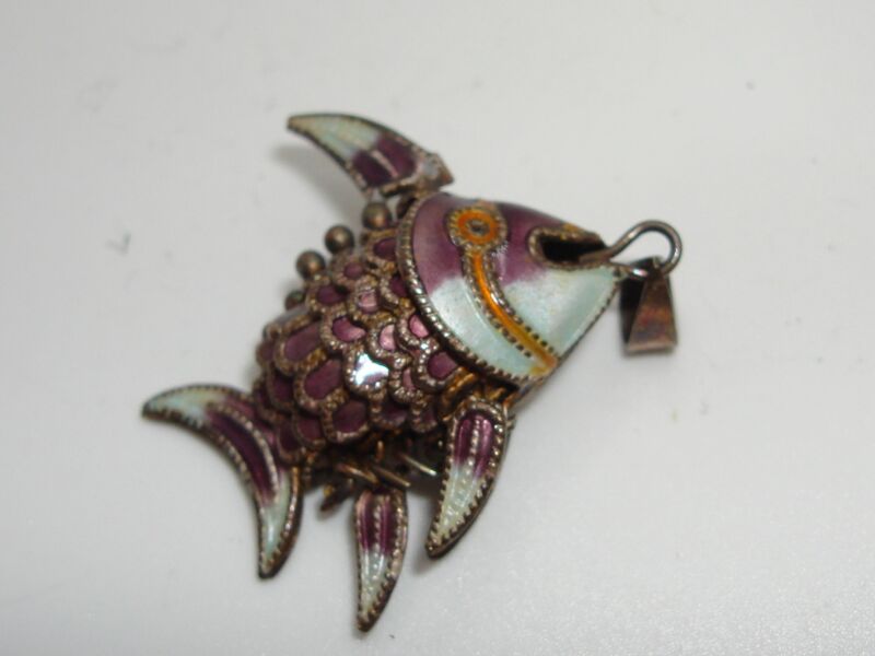 Vintage Chinese articulated enamel fish pendant with silver bale and purple, blue, and orange enamel