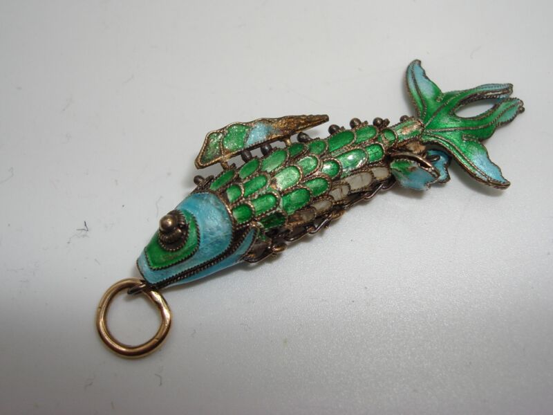 Vintage Chinese cloisonne enamel articulated fish pendant