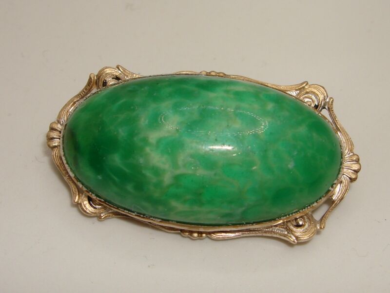 Antique Art Nouveau Peking glass brooch with green and white mottled cabochon
