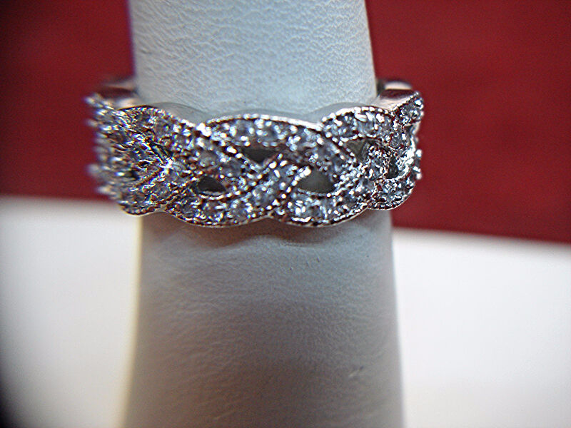 Sterling silver basket weave ring with cubic zirconia stones