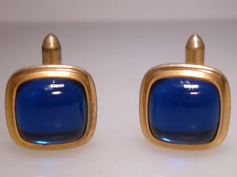 Vintage Art Deco cufflinks in rose gold filled with cobalt blue glass cabochons