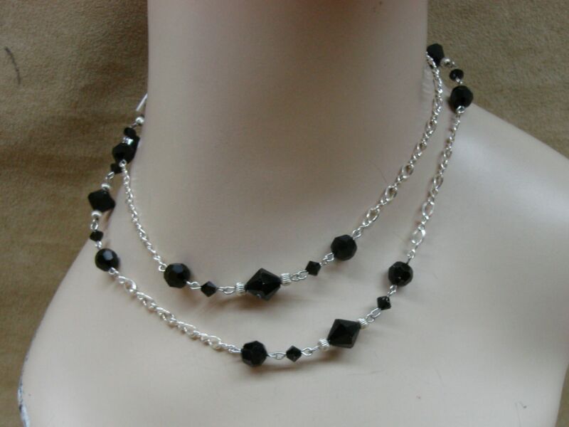 Sterling silver necklace with black glass beads