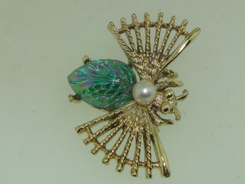 Vintage iridescent glass faux pearl bug pin