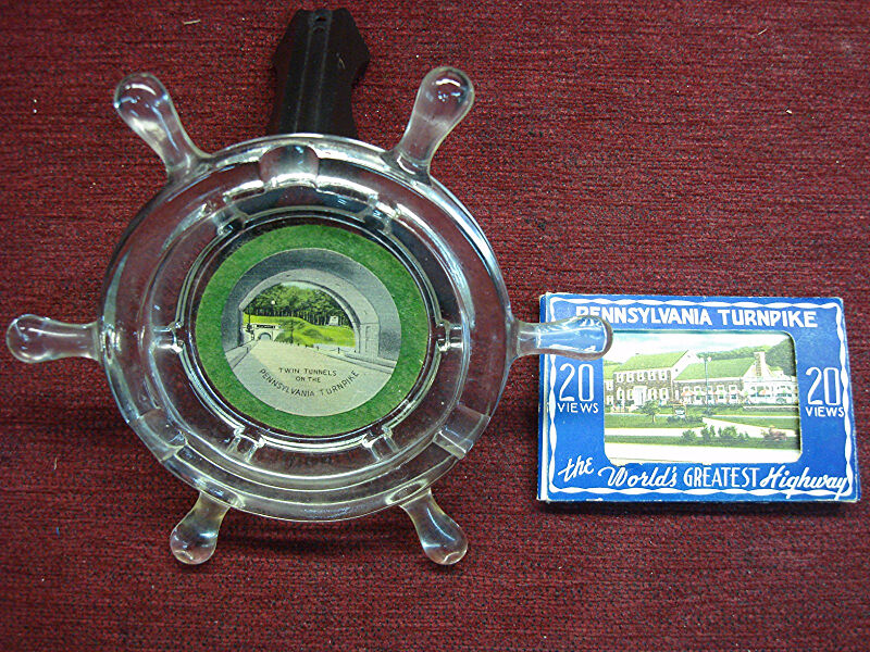 Vintage Pennsylvania Turnpike souvenir set: ships wheel ashtray and 20 view cards