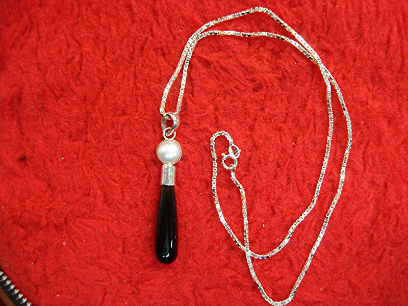 Sterling silver pendant and chain with black garnet and mabe pearl