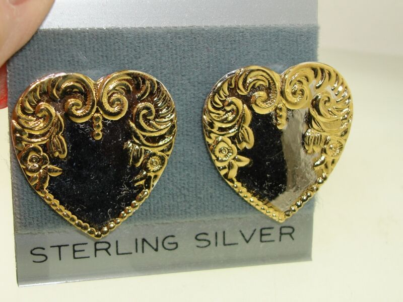 Vintage Sterling Silver Heart Earrings - Mirrored, Gold Trimmed