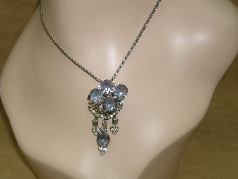 Vintage 1940s snake chain choker necklace with rhinestone pendant and pin