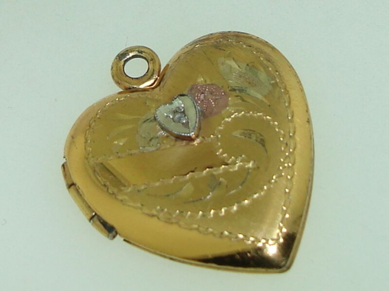 Antique A.L. Lindroth Tri-Color Gold Filled Heart Locket with Diamonds and Engraved Plaque