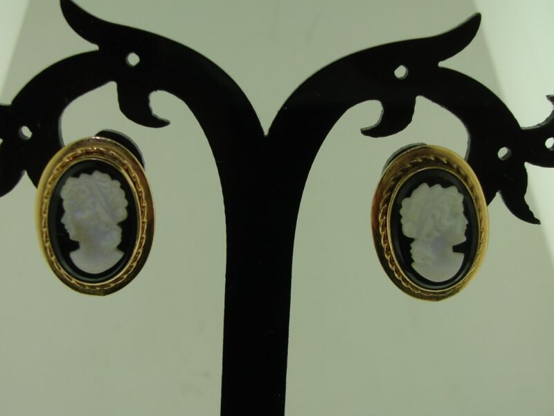 Vintage 1950s gold filled cameo earrings with black and white glass, marked A&Z