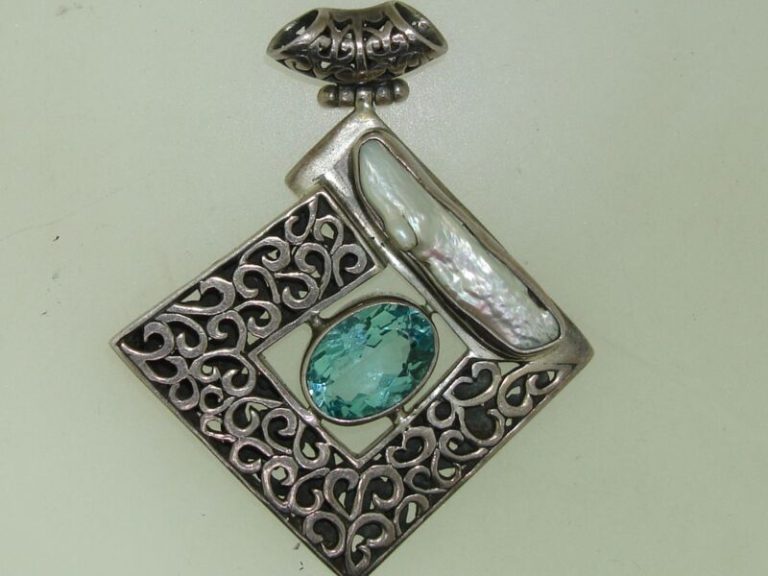 Vintage Sterling Silver Blue Topaz & Baroque Pearl Pendant | 6ctw, Filigree Design
