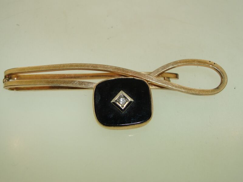 Vintage gold-filled onyx and rhinestone tie clasp (1940s-50s) - signed