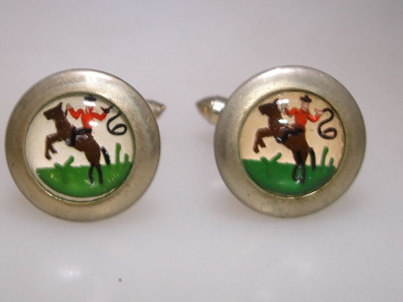 Vintage 1940s-50s gold-tone reverse carved crystal cowboy cufflinks
