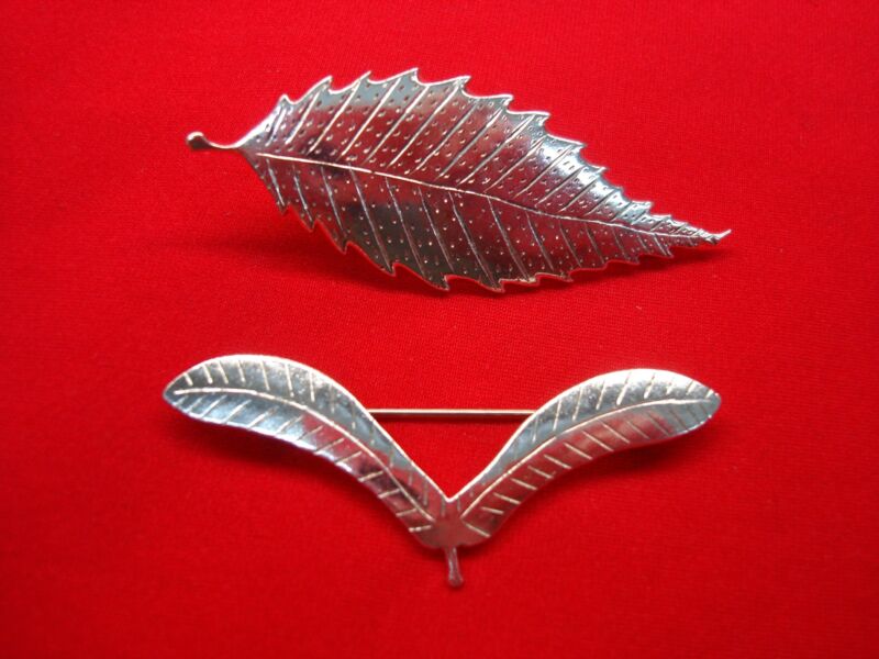 Vintage sterling silver leaf and helicopter seed pod brooch pins